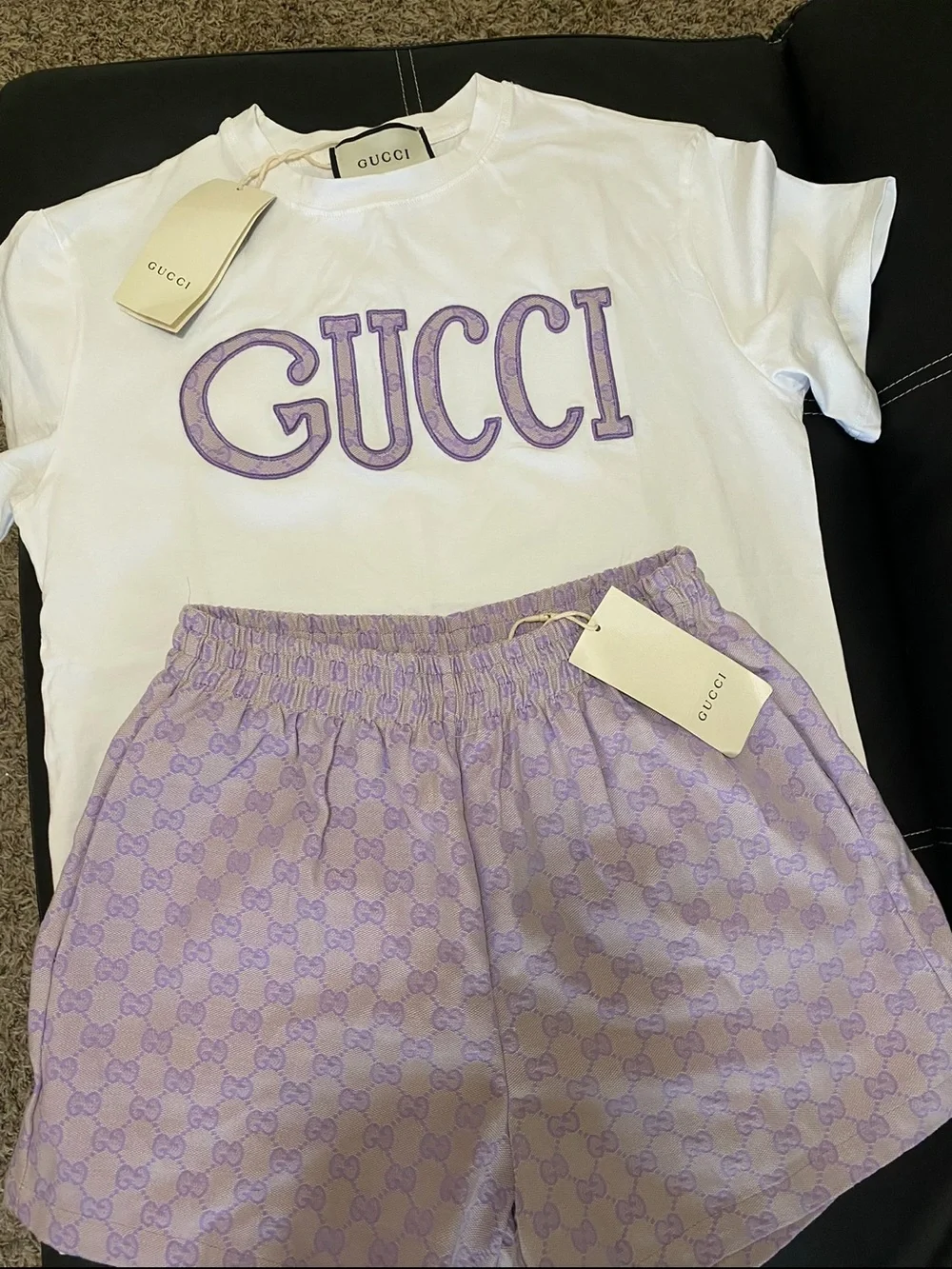 Gucci Women's White Tee and Lilac Logo Shorts Set